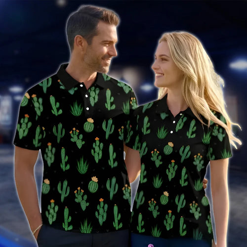 Matching Cactus Black Golf Shirts For Men And Women, Cactus Couple Golf Shirts GOF0172