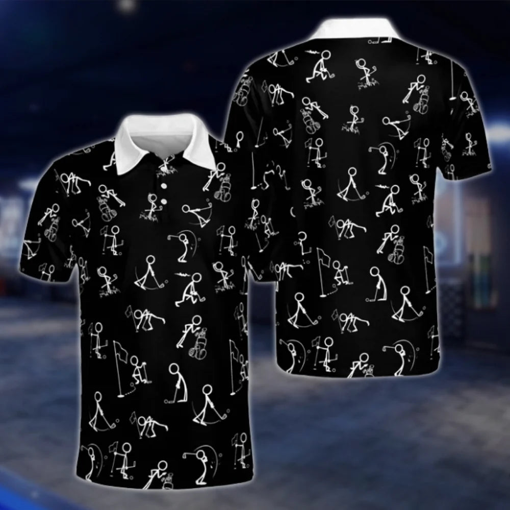 Funny Stick Figure Black And White Golf Polo Shirt For Men, Funny Golf Shirt GOF0140