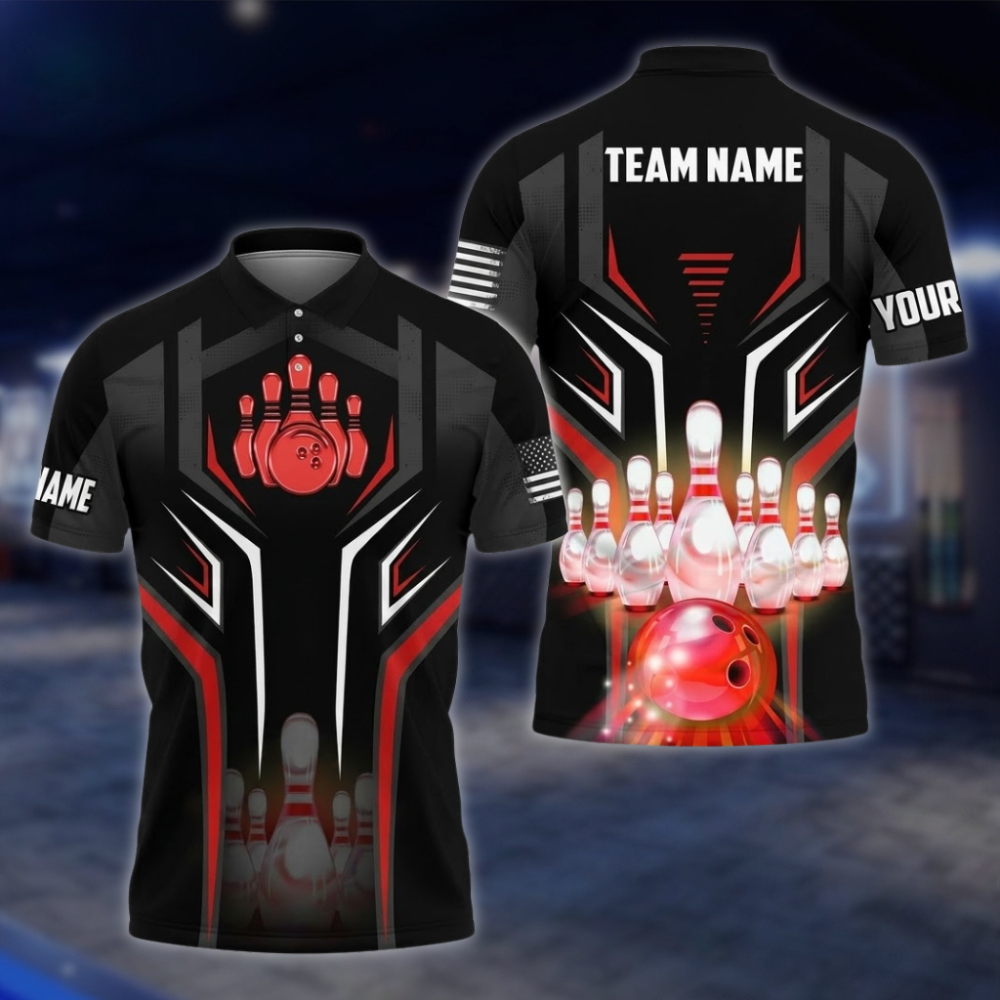 Personalized Black And Red Bowling Team Polo Shirt For Mens, Custom Bowling Shirt BZ0865 BOW0081