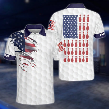 USA Flag Custom Mens White Bowling Polo Shirt, Custom Name Patriotic Bowling Shirt With Name BZ0148 BOW0226