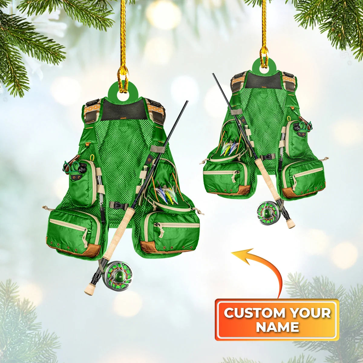 Fishing - Custom Shaped Ornament - Fishing Vest Orange Ornament Green 02.3 ORN0058