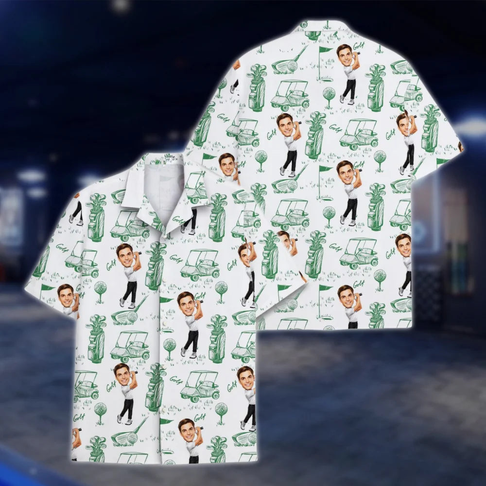 Personalized Photo Mens Hawaiian Shirt Green White, Custom Face Golf Shirt GOF0013