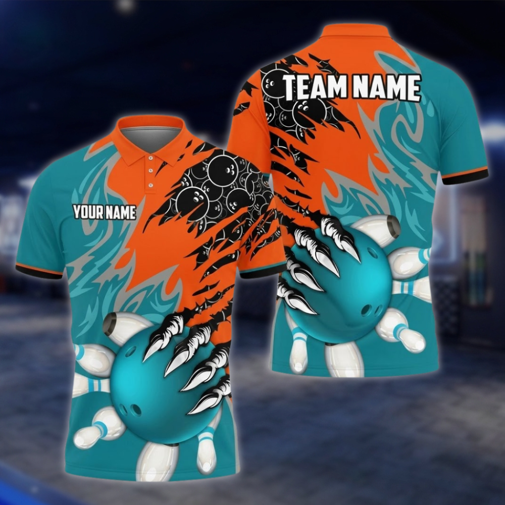 Personalized Team Orange Blue Grunge Bowling Polo Shirt, Custom Bowling Shirt For Men BZ0855 BOW0093