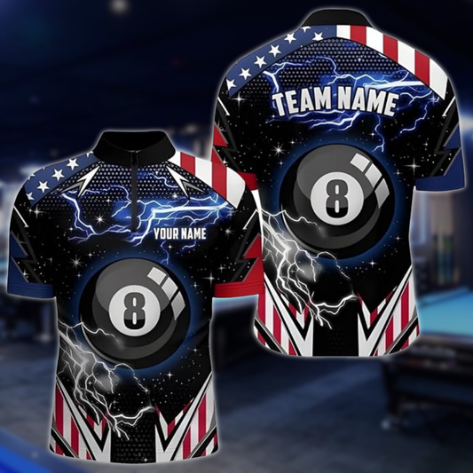 American Flag Custom Thunder Lightning 8 Ball Billiard Mens Jersey, Custom Patriotic Billiard Team Shirts BLD0220