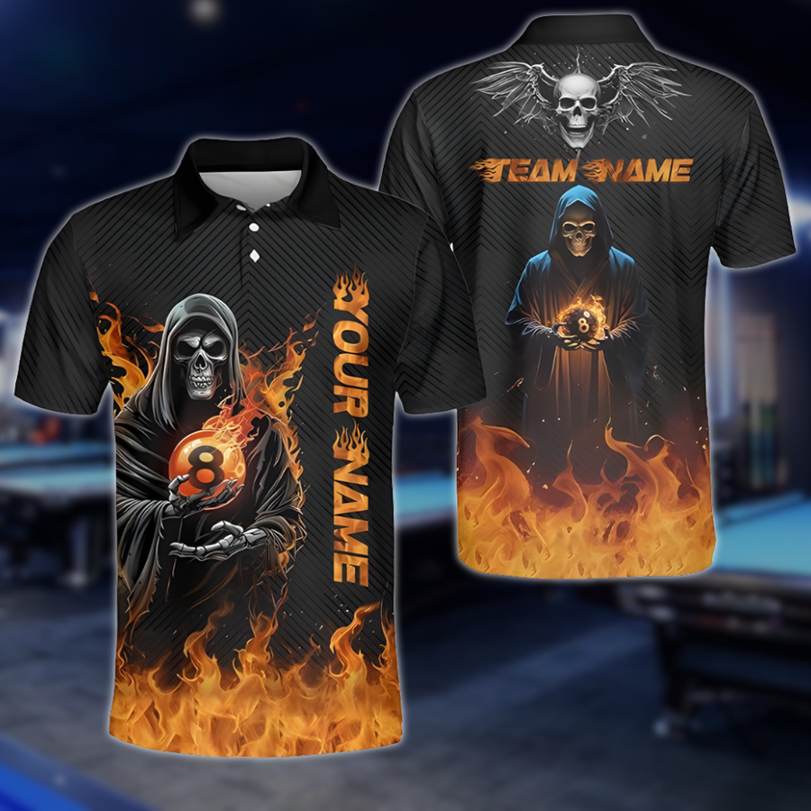 Custom Skull Flame 8 Ball Billiard Team Polo Shirts For Men, Custom Skull Billiard Shirts BLD0296