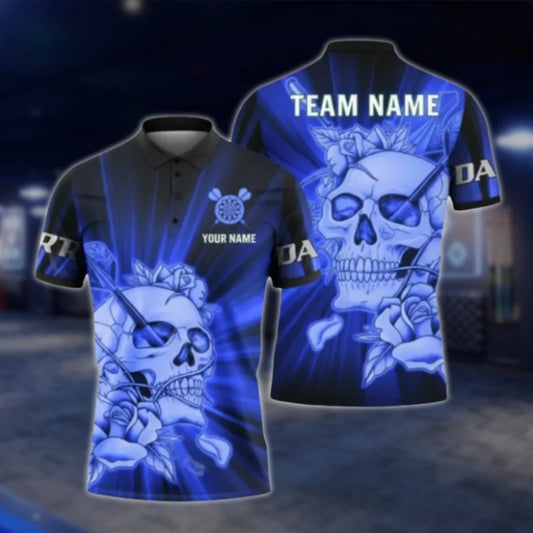 Custom Skull Rose Blue Dart Polo Shirt For Men, Custom Skull Dart Team Shirt DAT0328
