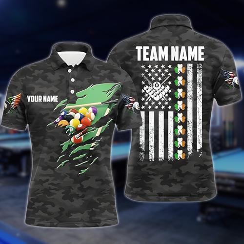 Custom Shamrock Camouflage Billiard Polo Shirt For Mens, Custom St Patrick Day Billiard Team Shirts BLD0110