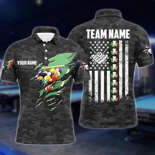 Custom Shamrock Camouflage Billiard Polo Shirt For Mens, Custom St Patrick Day Billiard Team Shirts BLD0110