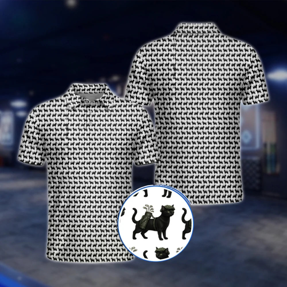 Black Cat Pattern Golf Polo Shirt For Men, Cat Golf Shirts GOF0048