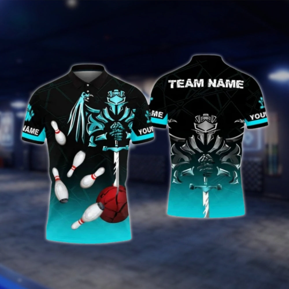 Custom Spartan Black Cyan Bowling Mens Polo Shirt, Custom Spartan Bowling Team Shirts BO0392 BOW0391