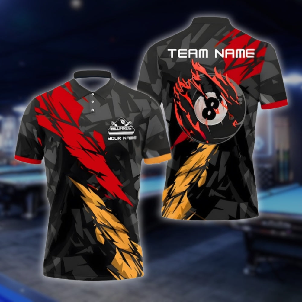 Custom Black Red Crack 8 Ball Billiard Polo Shirt Mens, Custom 8 Ball Pool Team Shirts BLD0101