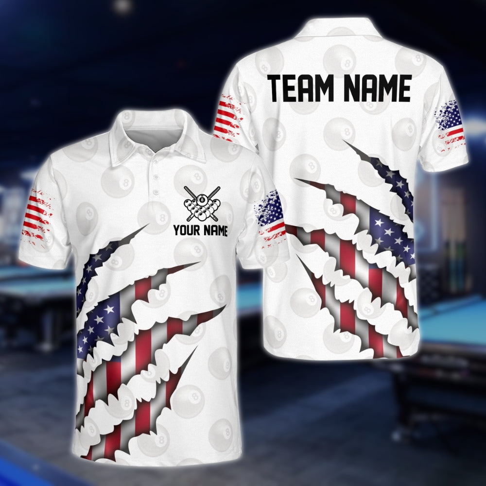 Custom USA Flag Billiard Men Polo Shirts, Custom Patriotic Pool Team Shirts BLD0147