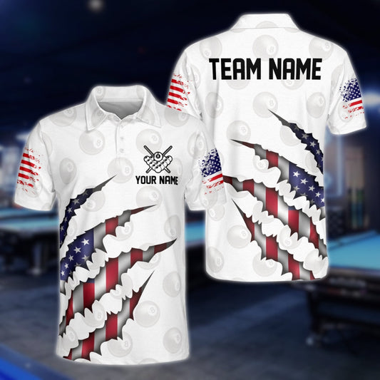 Custom USA Flag Billiard Men Polo Shirts, Custom Patriotic Pool Team Shirts BLD0147