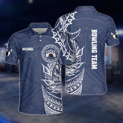 Custom Tribal Blue And White Bowling Polo Shirt For Mens, Custom Tribal Bowling Team Shirts BO0192 BOW0259