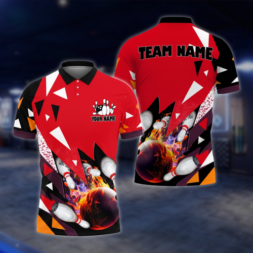 Personalized Team Red Black Bowling Polo Shirt For Men, Custom Bowling Shirt BZ0813 BOW0148