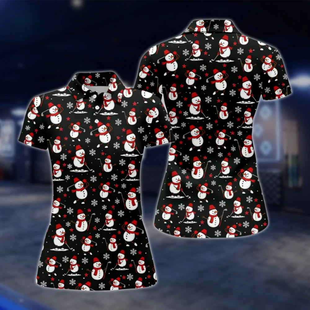 Snowman Funny Black Womens Golf Polo Shirt, Christmas Golf Shirt Ladies GOF0075