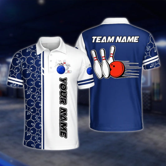 Custom Team Blue White Bowling Men's Polo Shirt, Custom Bowling Shirts BZ0446 BOW0471