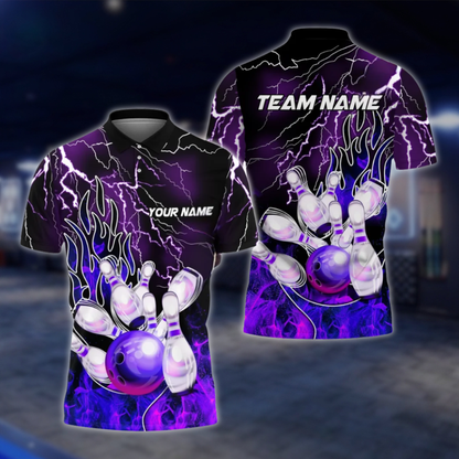 Personalized Flame Purple Bowling Polo Shirt For Men, Custom Flame Bowling Shirts Team BZ0759 BOW0160