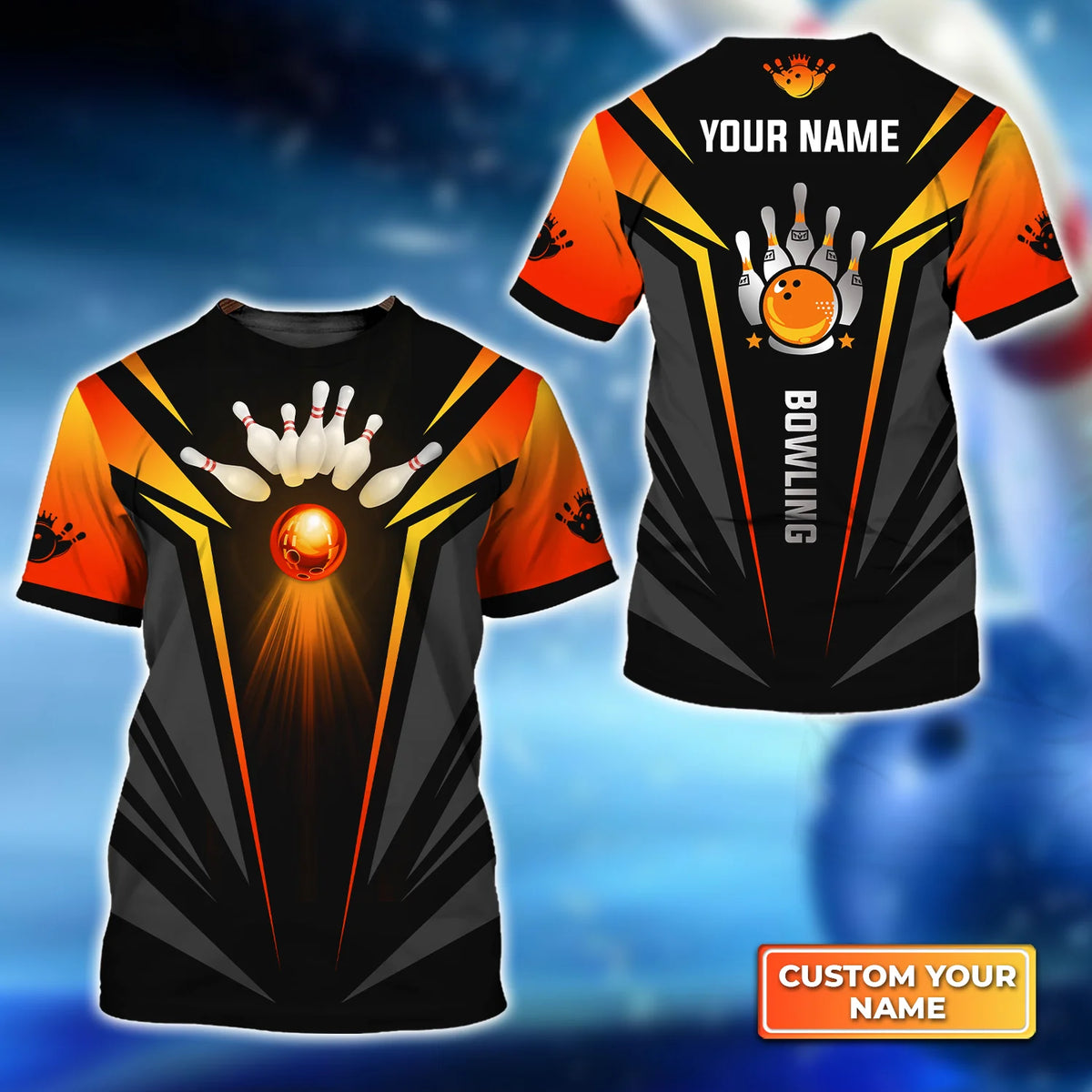 The Orange Bowling Ball in Flames Personalized Name 3D Tshirt QB95 Gift For Bowler ORN0268