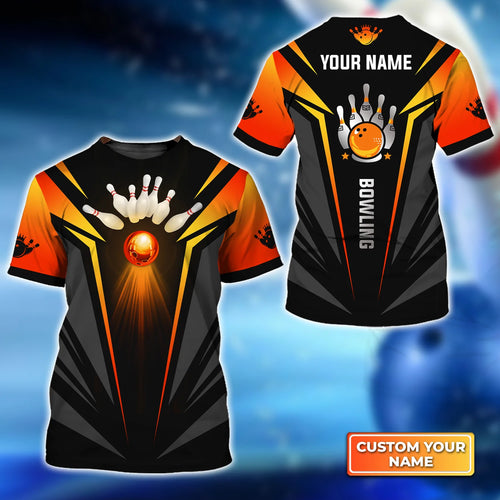 The Orange Bowling Ball in Flames Personalized Name 3D Tshirt QB95 Gift For Bowler ORN0268