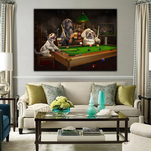 Funny Dogs Playing Billiard Wall Painting Home Decor 3D Print Horizontal Canvas Wall Art Pet Painting Artwork ORN0136