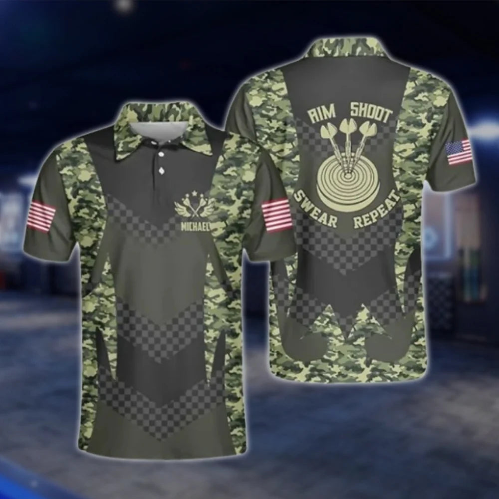 Aim Shoot Swear Repeat Personalized Camo Dart Mens Polo Shirt, Custom Funny Dart Shirts DAT0356