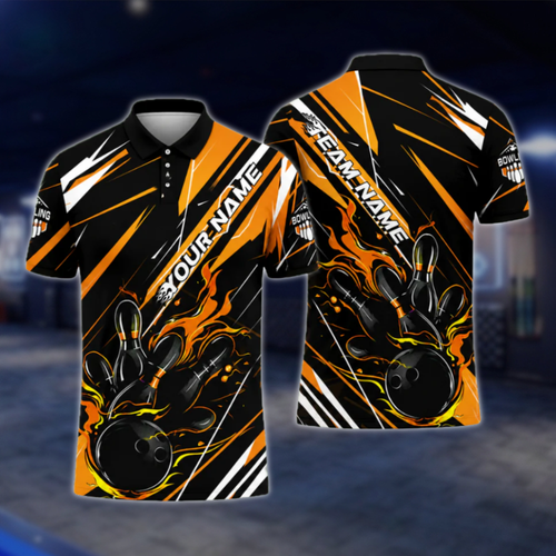 Custom Flame Orange Black Bowling Mens Polo Shirt, Custom Flame Bowling Team Shirts BZ0484 BOW0405