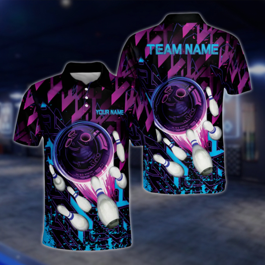 Personalised Purple Black Blue Polo Bowling Team Shirts Men, Custom Bowling Shirts BE0045 BOW0446