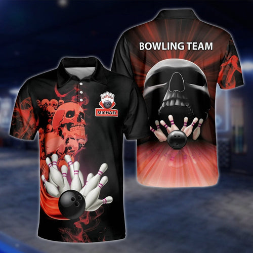 Custom Skeleton Fire Mens Bowling Polo Shirt, Custom Skull Bowling Team Shirts BZ0189 BOW0488
