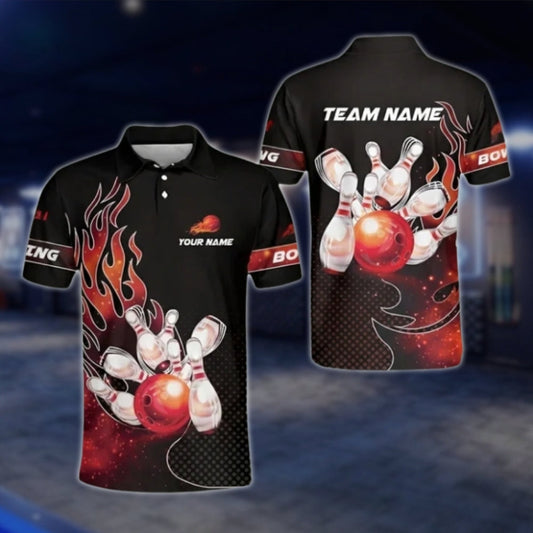 Custom Flaming Bowling Mens Polo Shirt, Black And Red Custom Flame Bowling Shirts Team BZ0177 BOW0379