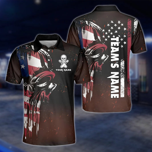 American Flag Skull Custom Bowling Polo Shirt For Mens, Custom Skull Patriotic Bowling Team Shirts BZ0190 BOW0487