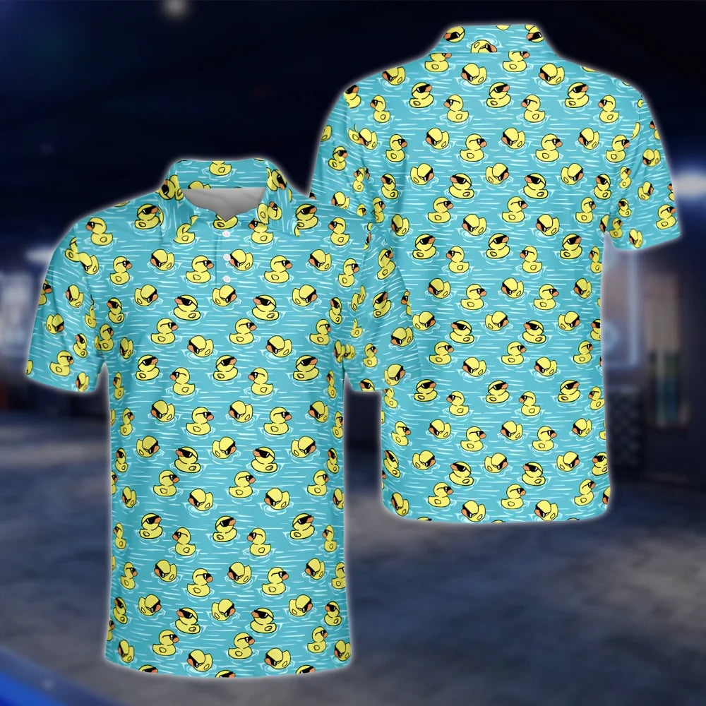 Funny Duck Men's Blue Yellow Golf Polo Shirt, Duck Golf Shirts GOF0132