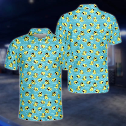 Funny Duck Men's Blue Yellow Golf Polo Shirt, Duck Golf Shirts GOF0132