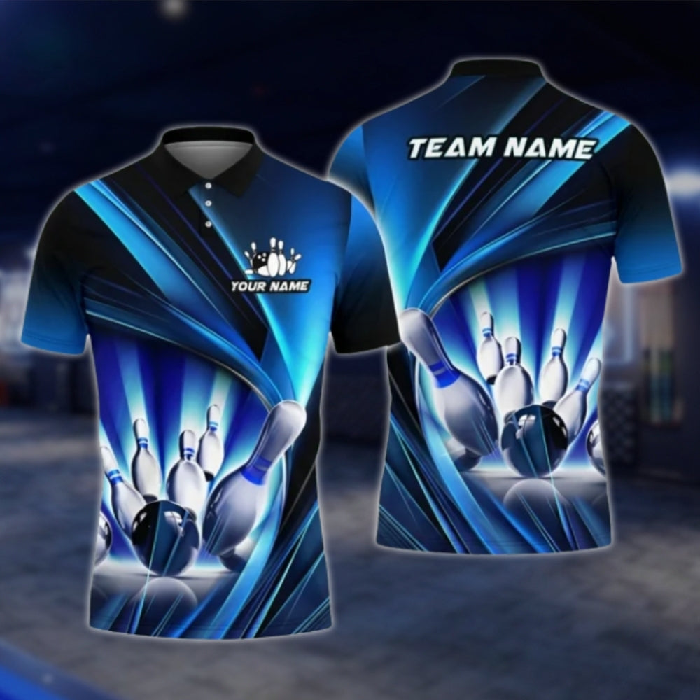 Custom Team Blue Lightning Bowling Polo Shirt For Mens, Custom Bowling Team Shirts BA0005 BOW0377