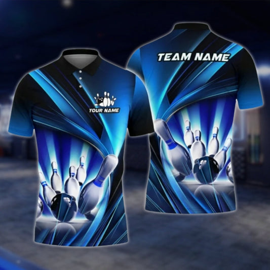 Custom Team Blue Lightning Bowling Polo Shirt For Mens, Custom Bowling Team Shirts BA0005 BOW0377