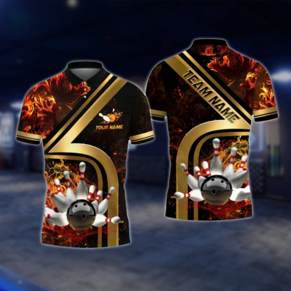 Custom Flame Gold Red Bowling Polo Shirt For Mens, Custom Team Flame Bowling Shirts BO0418 BOW0401