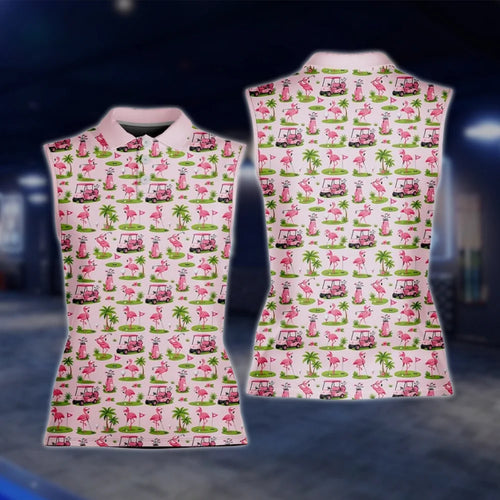 Flamingo Pink Womens Sleeveless Golf Shirt, Flamingo Golf Shirt For Ladies GOF0015