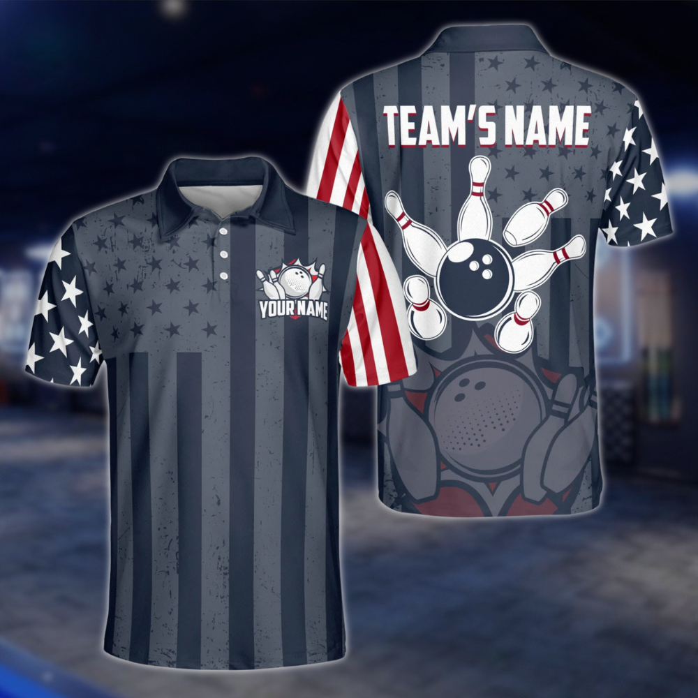 USA Flag Custom Mens Navy Bowling Polo Shirt, Custom Patriotic Bowling Team Shirts BZ0209 BOW0278