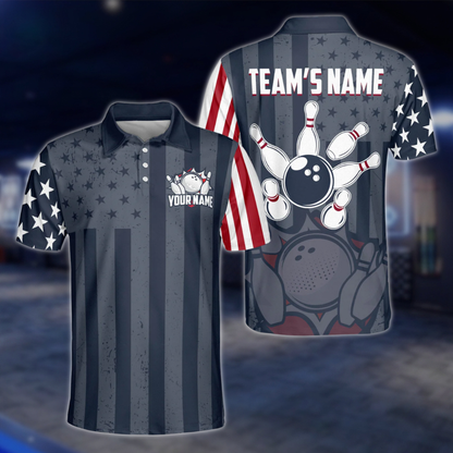 USA Flag Custom Mens Navy Bowling Polo Shirt, Custom Patriotic Bowling Team Shirts BZ0209 BOW0278