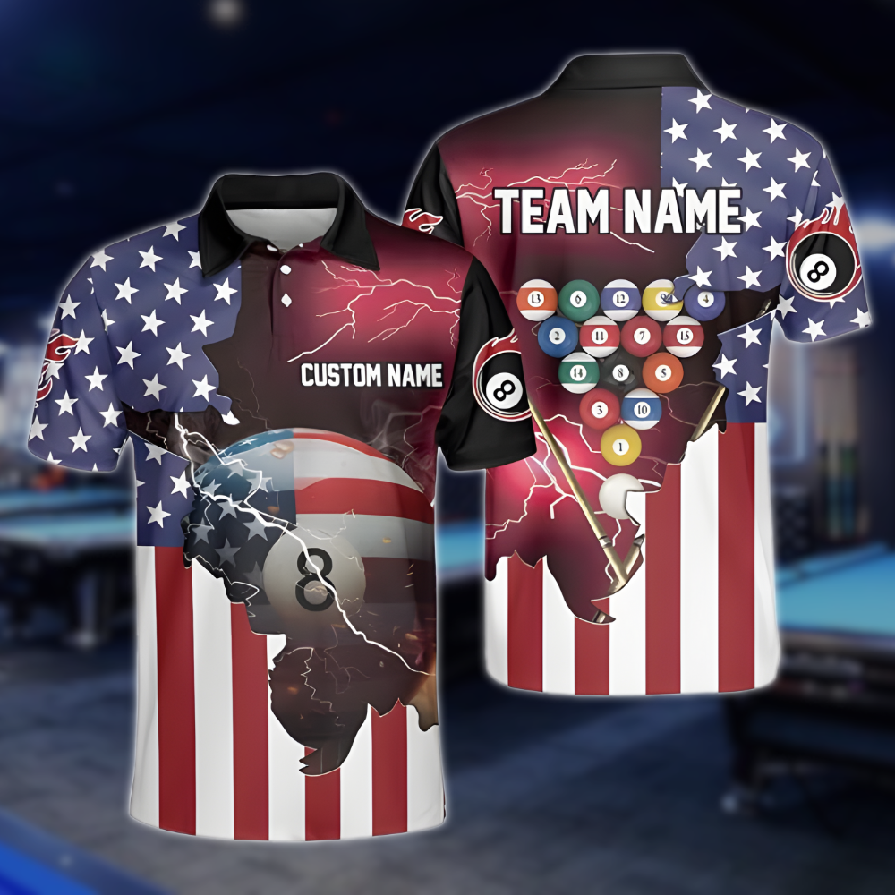 Custom Men's 8 Ball USA Flag Billiard Polo Shirt, Custom Patriotic Billiard Shirts For Team BLD0021