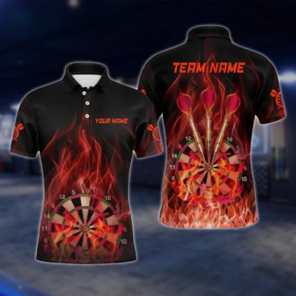Custom Red Fire Dartboard Men's Dart Polo Shirt, Custom Flame Dart Team Shirts DAT0336