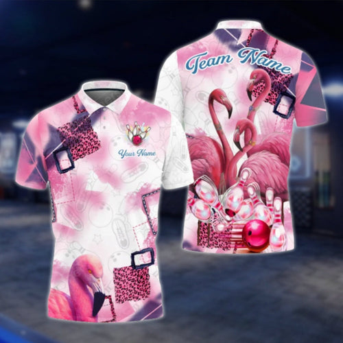 Flamingo Pink Leopard Custom Mens Bowling Polo Shirt, Custom Flamingo Bowling Team Shirts BO0352 BOW0197