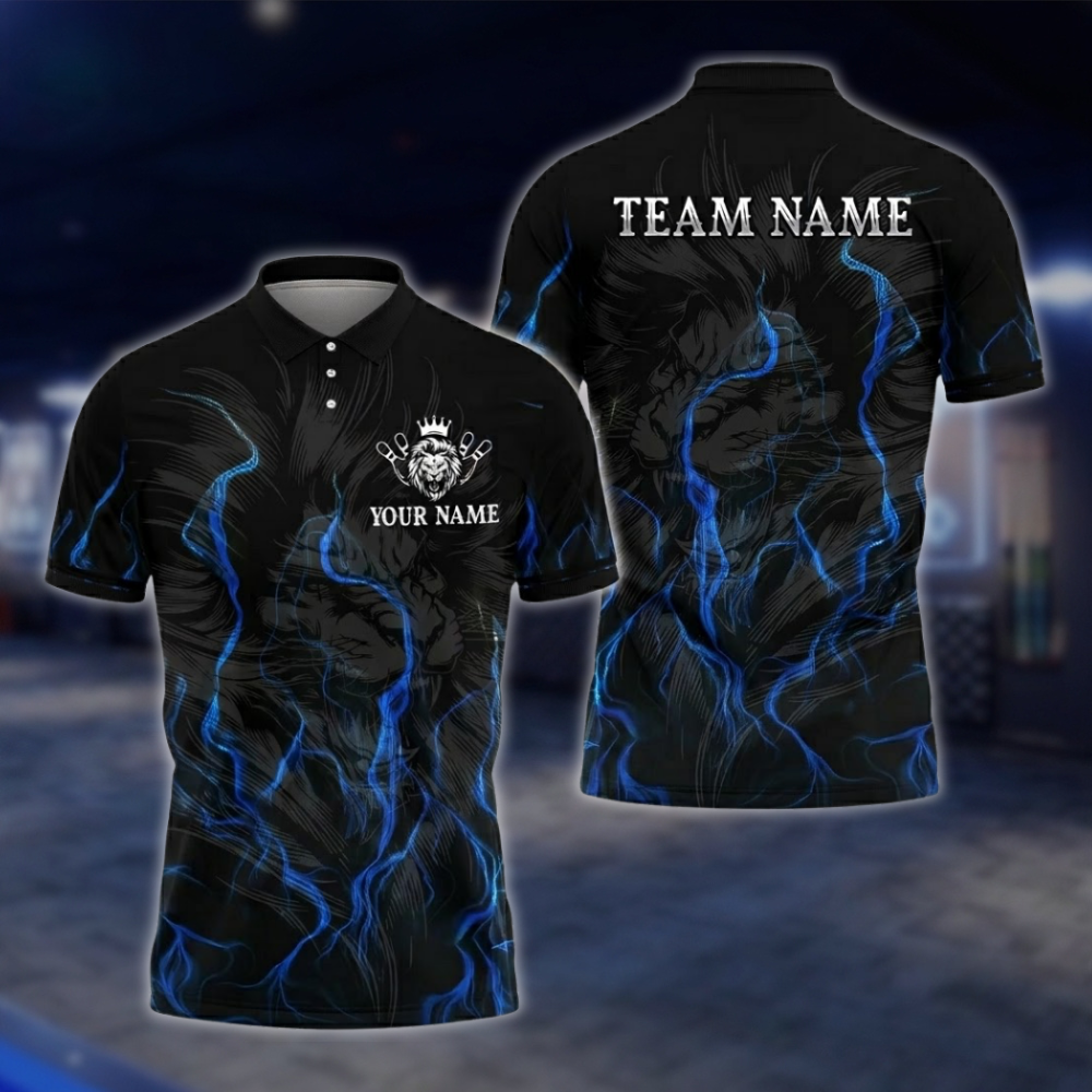 Personalized Lion Bowling Polo Shirt For Men Black Blue, Custom Lion Bowling Shirt For Team BZ0747 BOW0172