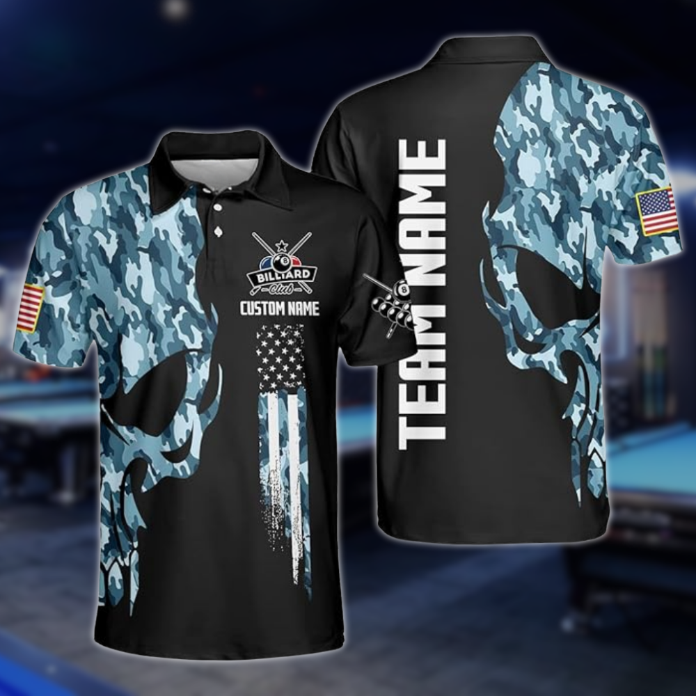 Custom Blue Camo Skull Billiard Polo Shirt For Men, Custom Skull Billiard Team Shirts BLD0211