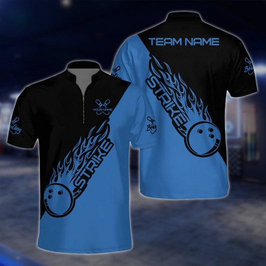 Custom Flame Ball Blue Black Bowling Mens Jersey, Custom Team Bowling Shirts BZ0129 BOW0455