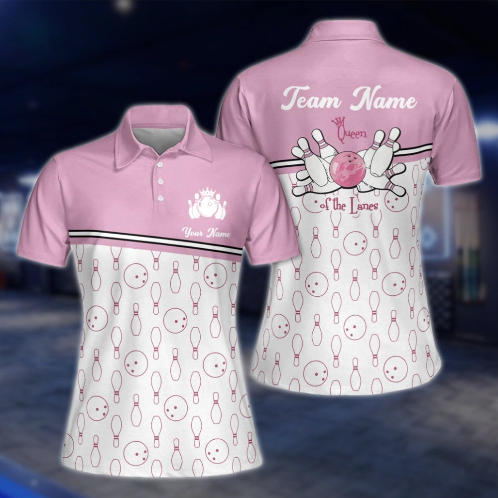 Custom Queen Of The Lanes Bowling Womens Polo Shirt, Pink And White Custom Funny Bowling Shirts For Ladies BW0116 BOW0208