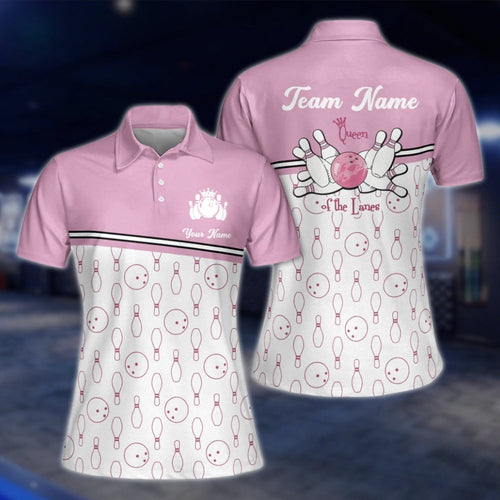 Custom Queen Of The Lanes Bowling Womens Polo Shirt, Pink And White Custom Funny Bowling Shirts For Ladies BW0116 BOW0208
