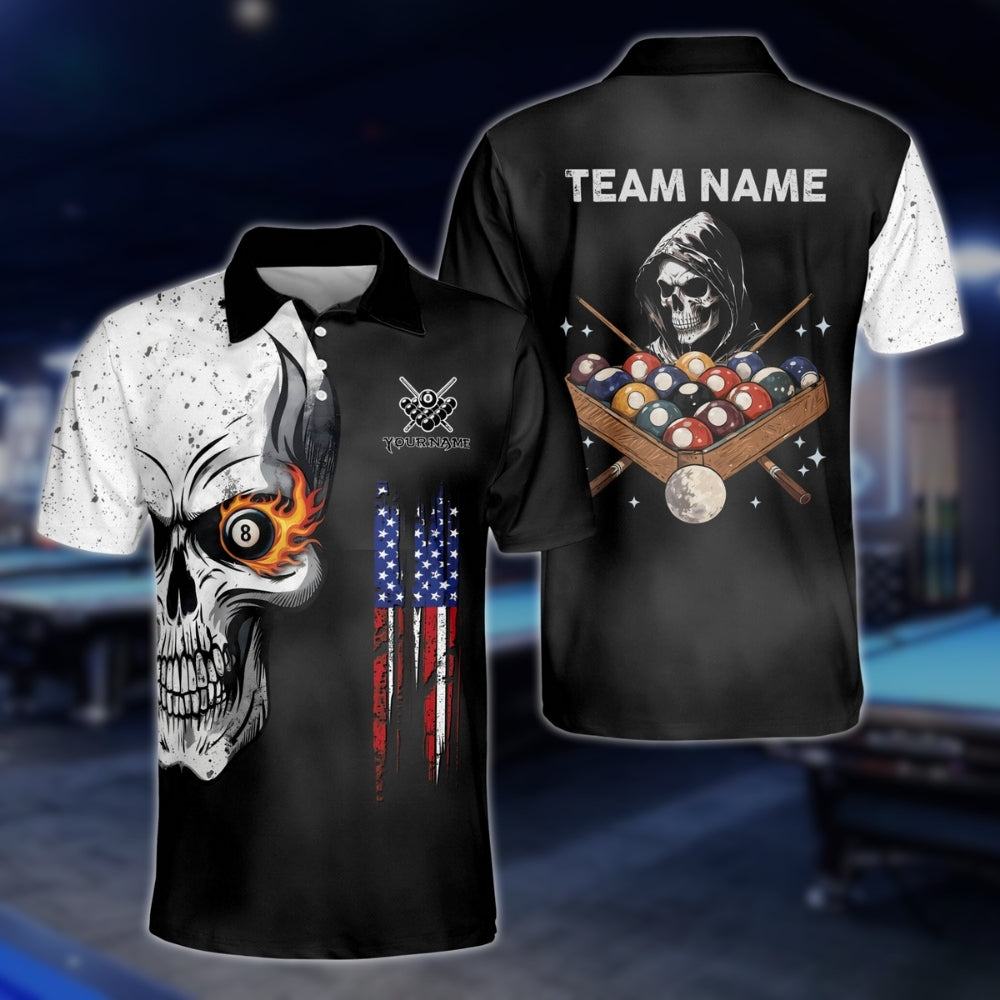 Custom Skull Billiard Polo Shirt For Mens, Custom Skull Patriotic Pool Team Shirts BLD0230