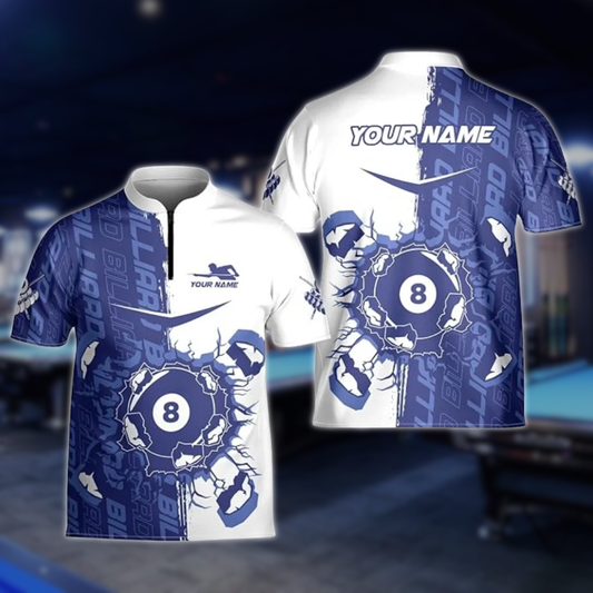 Custom Billiard Jersey Team Shirts, Custom White Blue Break 8 Ball Billiards Team Shirts BLD0293