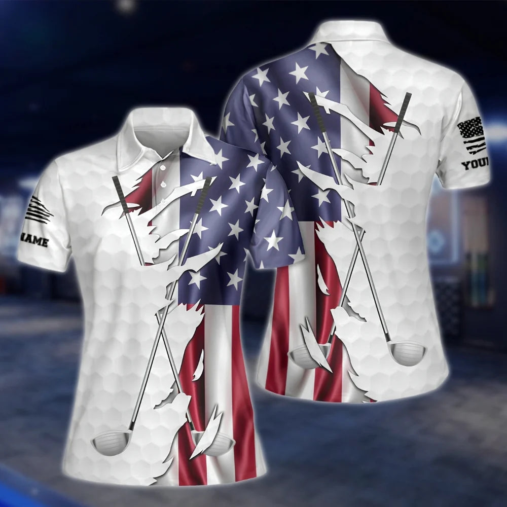 Personalised American Flag Golf Polo Shirts Women, Custom Women's Patriotic Golf Shirts GOF0273